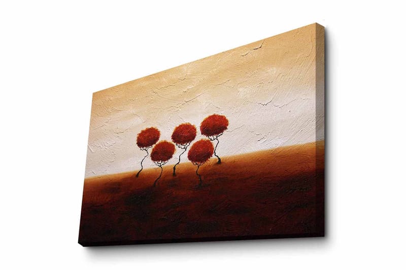 Lærredsbillede - Fem stiliserede træer med runde, røde kroner på en blødt bølgende baggrund, Rød / Brun / Beige