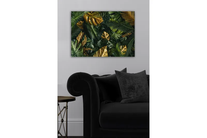 Lærredsbillede - Frodig samling af tropisk løv - Mørkegrøn / Guld / Lysegrøn - Boligtilbehør - Billeder & kunst - Billeder på lærred