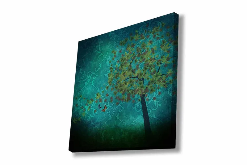 Lærredsbillede - Frodige træer med sommerfugle i en abstrakt baggrund, Turkis / Grøn / Brun
