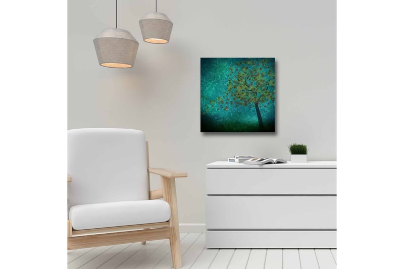 Lærredsbillede - Frodige træer med sommerfugle i en abstrakt baggrund - Turkis / Grøn / Brun - Boligtilbehør - Billeder & kunst - Billeder på lærred