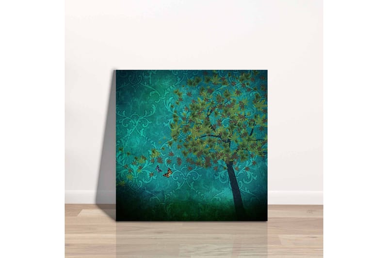 Lærredsbillede - Frodige træer med sommerfugle i en abstrakt baggrund - Turkis / Grøn / Brun - Boligtilbehør - Billeder & kunst - Billeder på lærred