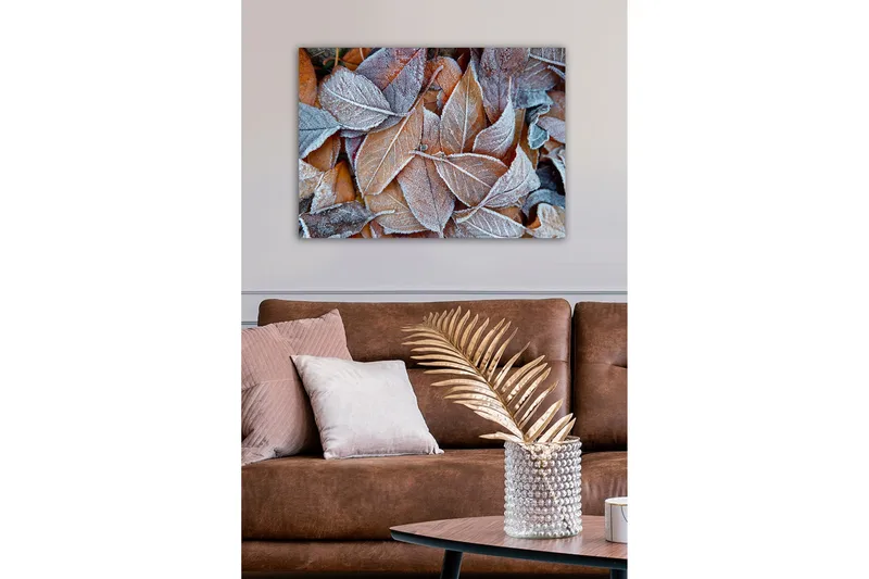 Lærredsbillede - Frosne efterårsblade i varme nuancer - Orange / Grå / Hvid - Boligtilbehør - Billeder & kunst - Billeder på lærred