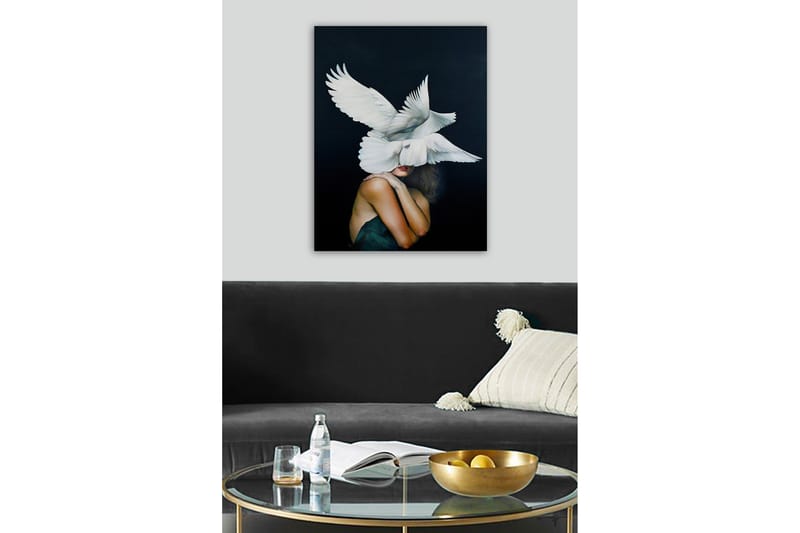 Lærredsbillede - Fugle svæver over en kvinde med en bar skulder - Hvid / Sort / Hudfarve - Boligtilbehør - Billeder & kunst - Billeder på lærred