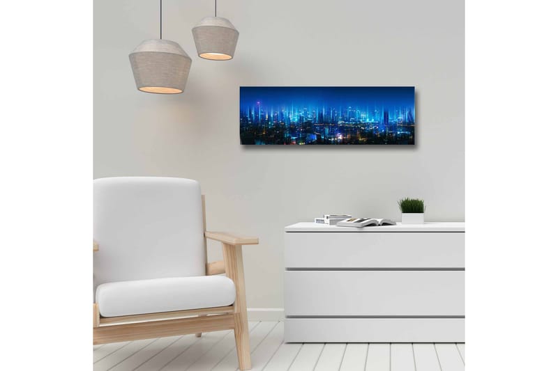 Lærredsbillede - Futuristisk bybillede med lyse skyskrabere - Mørkeblå / Lyseblå / Turkis - Boligtilbehør - Billeder & kunst - Billeder på lærred