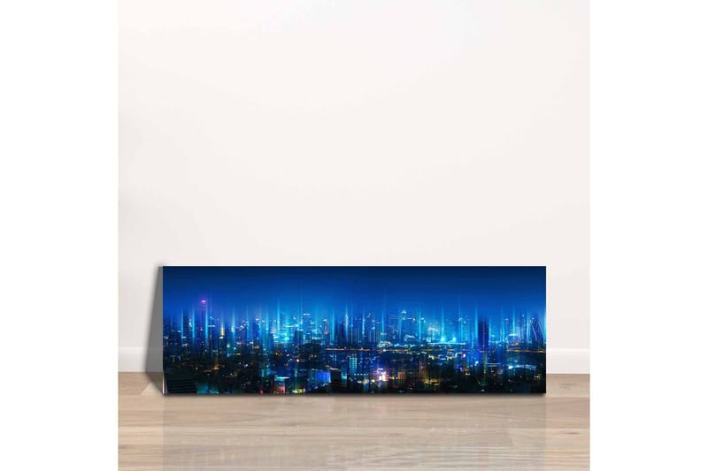 Lærredsbillede - Futuristisk bybillede med lyse skyskrabere - Mørkeblå / Lyseblå / Turkis - Boligtilbehør - Billeder & kunst - Billeder på lærred