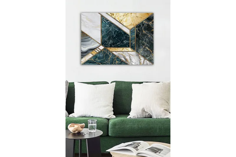 Lærredsbillede - Geometrisk komposition med marmorlignende overflader - Mørkegrøn / Hvid / Guld - Boligtilbehør - Billeder & kunst - Billeder på lærred