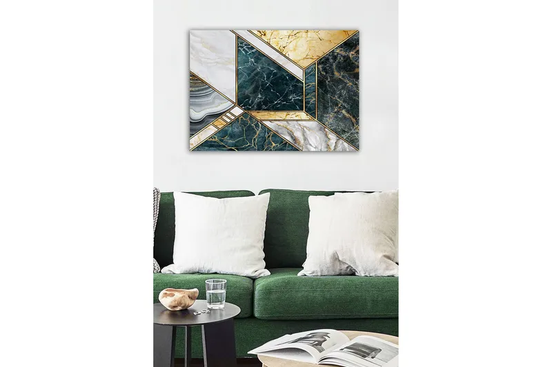 Lærredsbillede - Geometrisk komposition med marmorlignende overflader - Mørkegrøn / Hvid / Guld - Boligtilbehør - Billeder & kunst - Billeder på lærred