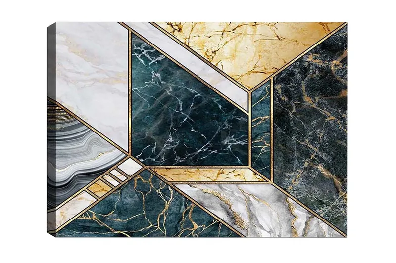 Lærredsbillede - Geometrisk komposition med marmorlignende overflader, Mørkegrøn / Hvid / Guld