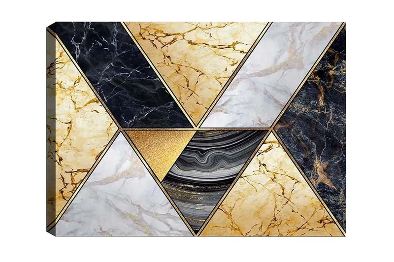Lærredsbillede - Geometrisk komposition med marmorlignende trekanter i forskellige farver, Guld / Sort / Hvid