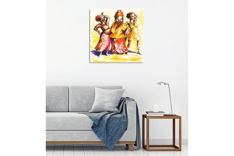 Lærredsbillede - Glade kvinder i farverigt tøj, der danser - Gul / Orange / Lyserød - Boligtilbehør - Billeder & kunst - Billeder på lærred