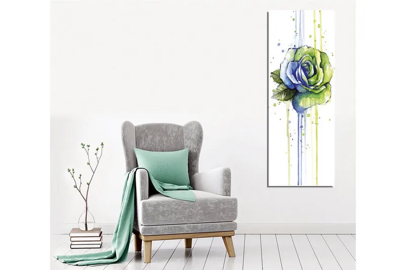 Lærredsbillede - Grøn og blå rose med dryppende akvareleffekter - Grøn / Blå - Boligtilbehør - Billeder & kunst - Billeder på lærred