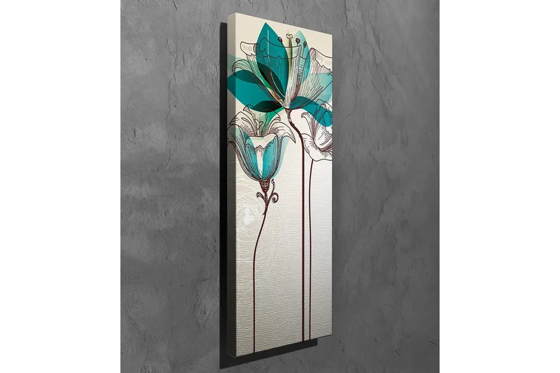 Lærredsbillede - Grafisk blomsterillustration med turkise gennemsigtige blade og brun stregtegning - Beige / Brun / Turkis - Boligtilbehør - Billeder & kunst - Billeder på lærred