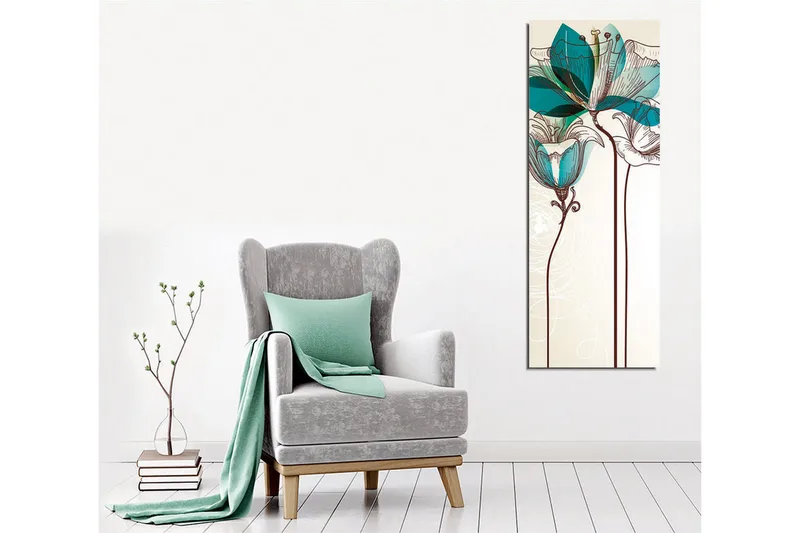 Lærredsbillede - Grafisk blomsterillustration med turkise gennemsigtige blade og brun stregtegning - Beige / Brun / Turkis - Boligtilbehør - Billeder & kunst - Billeder på lærred