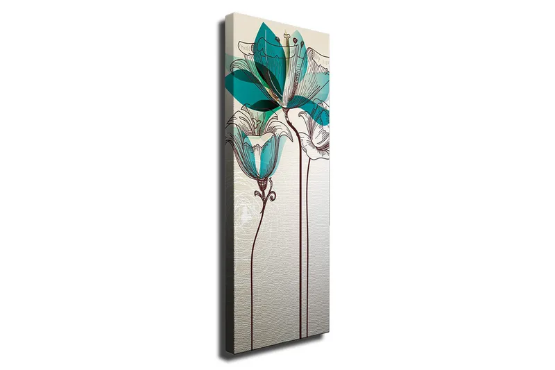 Lærredsbillede - Grafisk blomsterillustration med turkise gennemsigtige blade og brun stregtegning, Beige / Brun / Turkis
