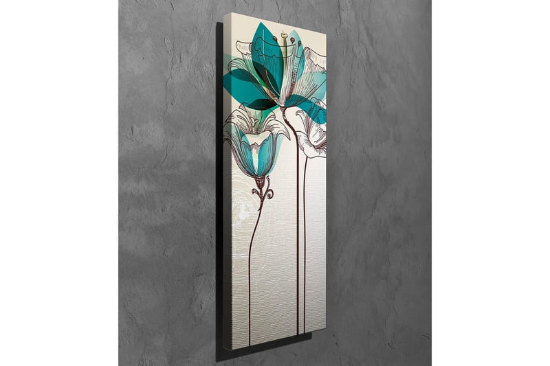 Lærredsbillede - Grafisk blomsterillustration med turkise gennemsigtige blade og brun stregtegning - Beige / Brun / Turkis - Boligtilbehør - Billeder & kunst - Billeder på lærred