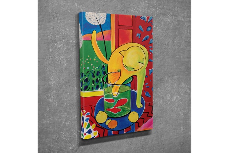 Lærredsbillede - Gul kat leger med en glaskrukke med fisk - Gul / Grøn / Rød - Boligtilbehør - Billeder & kunst - Billeder på lærred