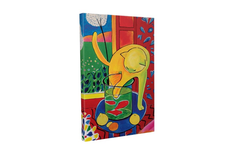 Lærredsbillede - Gul kat leger med en glaskrukke med fisk, Gul / Grøn / Rød