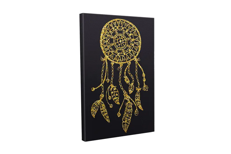 Lærredsbillede - Gylden drømmefanger med detaljerede mønstre og vedhæng, Guld / Sort