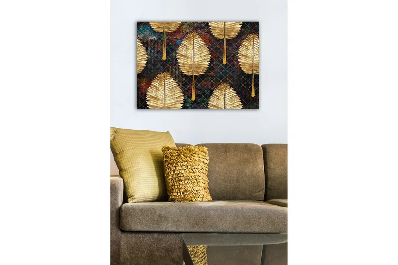 Lærredsbillede - Gyldne blade i et mønstret arrangement - Guld / Mørkeblå / Grøn - Boligtilbehør - Billeder & kunst - Billeder på lærred