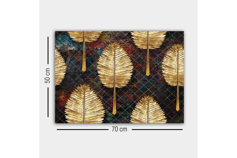 Lærredsbillede - Gyldne blade i et mønstret arrangement - Guld / Mørkeblå / Grøn - Boligtilbehør - Billeder & kunst - Billeder på lærred