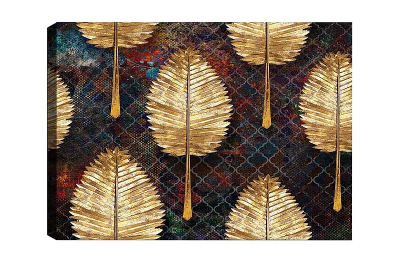 Lærredsbillede - Gyldne blade i et mønstret arrangement, Guld / Mørkeblå / Grøn