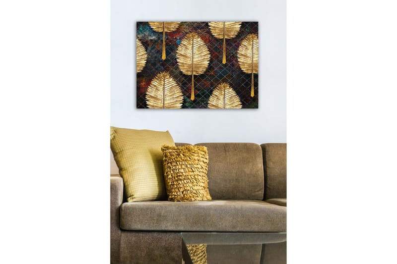 Lærredsbillede - Gyldne blade i et mønstret arrangement - Guld / Mørkeblå / Grøn - Boligtilbehør - Billeder & kunst - Billeder på lærred