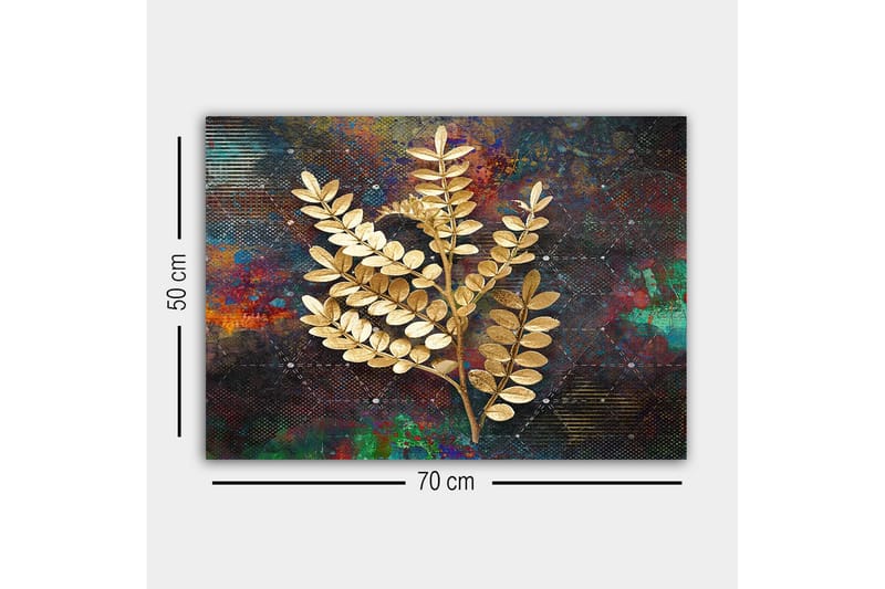Lærredsbillede - Gyldne kviste af løv mod en farverig baggrund - Guld / Mørkeblå / Grøn - Boligtilbehør - Billeder & kunst - Billeder på lærred