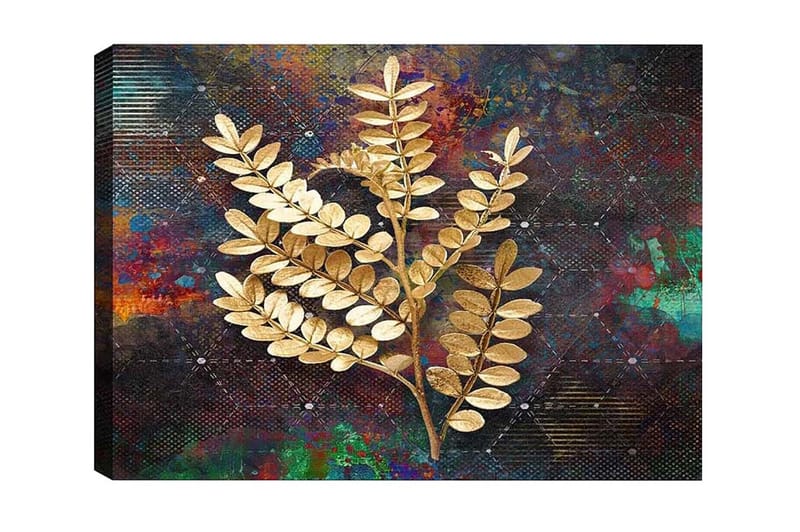 Lærredsbillede - Gyldne kviste af løv mod en farverig baggrund, Guld / Mørkeblå / Grøn