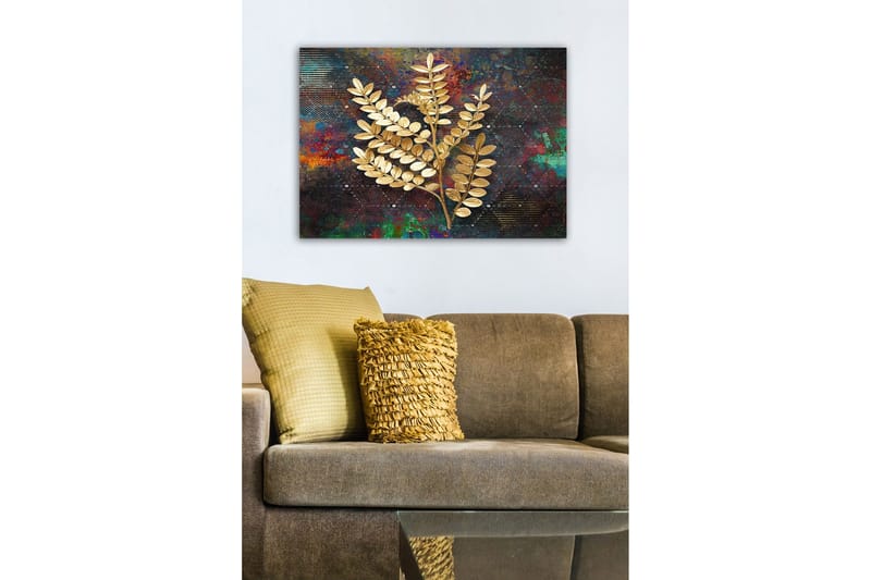 Lærredsbillede - Gyldne kviste af løv mod en farverig baggrund - Guld / Mørkeblå / Grøn - Boligtilbehør - Billeder & kunst - Billeder på lærred