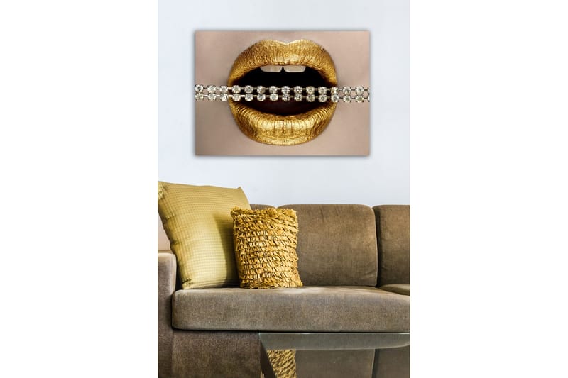 Lærredsbillede - Gyldne læber med en glitrende kæde - Guld / Sølv - Boligtilbehør - Billeder & kunst - Billeder på lærred