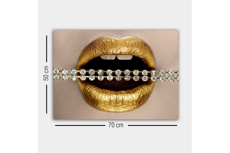 Lærredsbillede - Gyldne læber med en glitrende kæde - Guld / Sølv - Boligtilbehør - Billeder & kunst - Billeder på lærred
