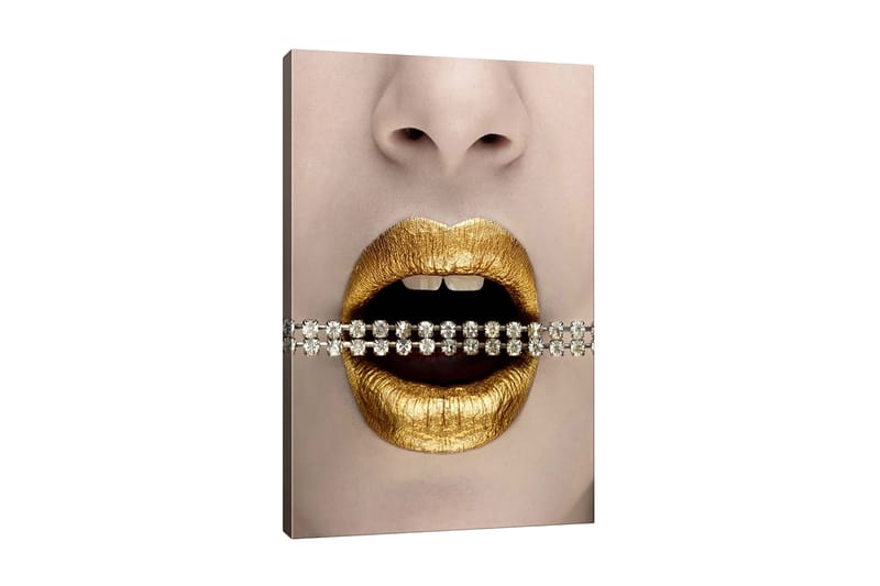 Lærredsbillede - Gyldne læber med en glitrende kæde mellem tænderne, Guld / Sort / Sølv