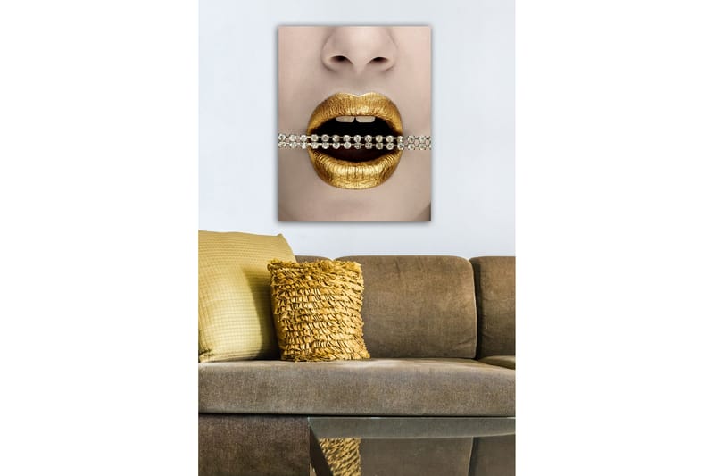 Lærredsbillede - Gyldne læber med en glitrende kæde mellem tænderne - Guld / Sort / Sølv - Boligtilbehør - Billeder & kunst - Billeder på lærred