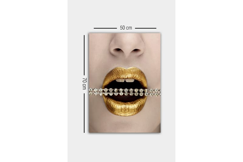 Lærredsbillede - Gyldne læber med en glitrende kæde mellem tænderne - Guld / Sort / Sølv - Boligtilbehør - Billeder & kunst - Billeder på lærred