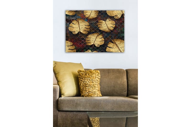 Lærredsbillede - Gyldne monsterablade mod en mørk baggrund - Guld / Mørkeblå / Rød - Boligtilbehør - Billeder & kunst - Billeder på lærred