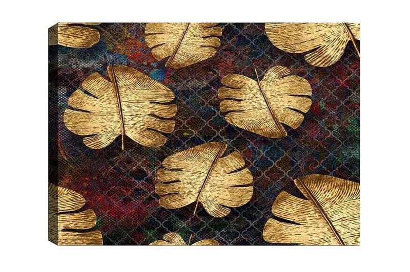 Lærredsbillede - Gyldne monsterablade mod en mørk baggrund, Guld / Mørkeblå / Rød