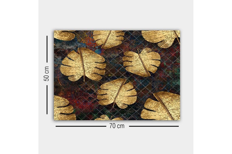 Lærredsbillede - Gyldne monsterablade mod en mørk baggrund - Guld / Mørkeblå / Rød - Boligtilbehør - Billeder & kunst - Billeder på lærred