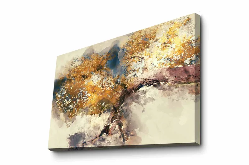 Lærredsbillede - Gyldne trægrene mod en blød baggrund, Guld / Brun / Blå