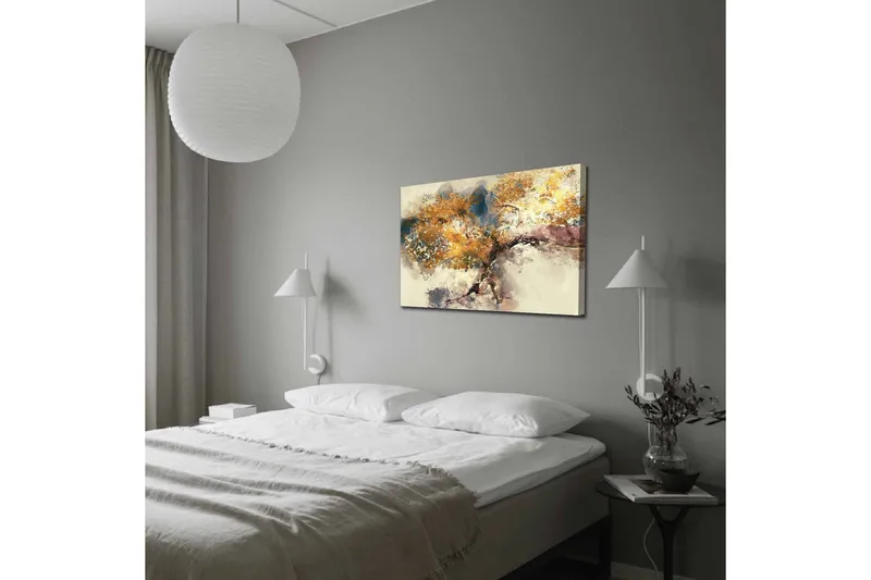 Lærredsbillede - Gyldne trægrene mod en blød baggrund - Guld / Brun / Blå - Boligtilbehør - Billeder & kunst - Billeder på lærred
