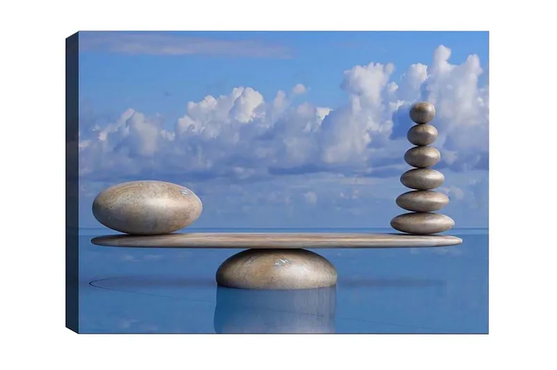 Lærredsbillede - Harmonisk balance af sten på en platform, Lyseblå / Beige / Grå