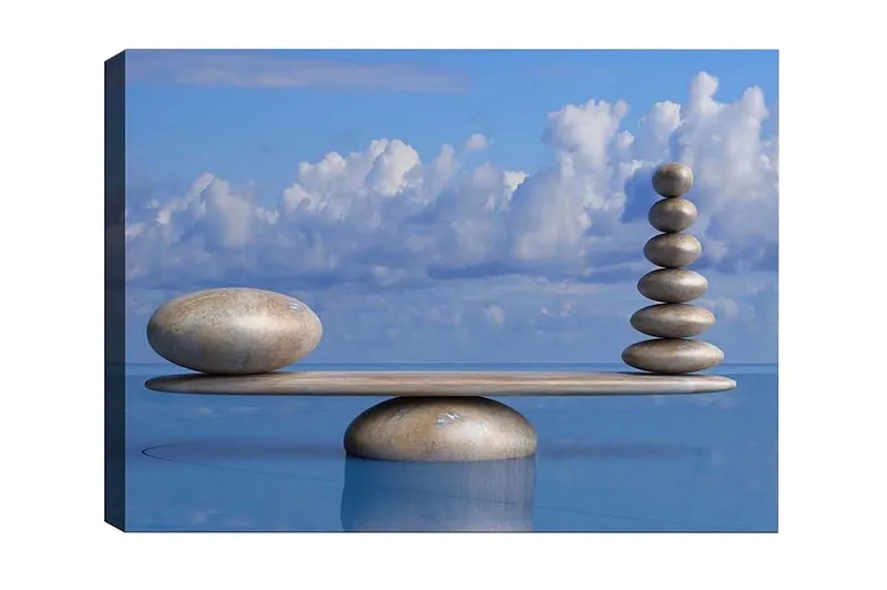 Lærredsbillede - Harmonisk balance af sten på en platform, Lyseblå / Beige / Grå