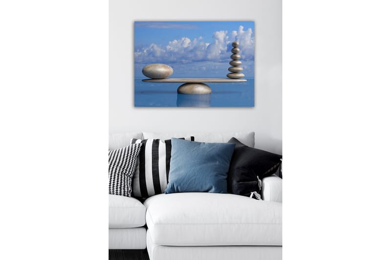 Lærredsbillede - Harmonisk balance af sten på en platform - Lyseblå / Beige / Grå - Boligtilbehør - Billeder & kunst - Billeder på lærred
