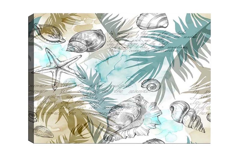 Lærredsbillede - Havmotiv med skaller og palmeblade, Blå / Beige / Grøn