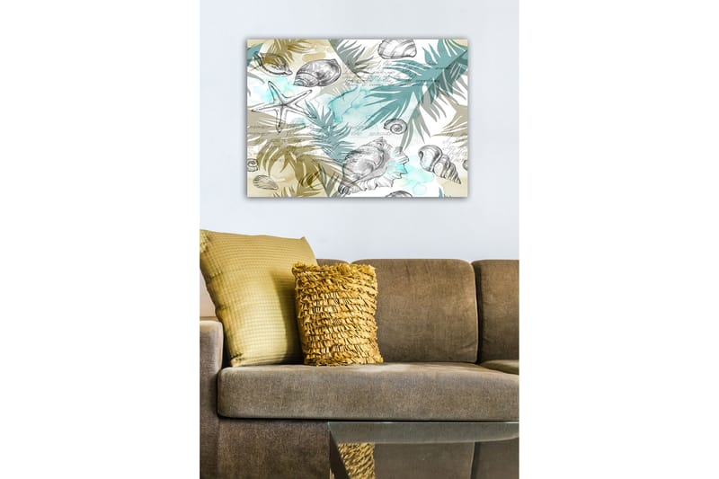 Lærredsbillede - Havmotiv med skaller og palmeblade - Blå / Beige / Grøn - Boligtilbehør - Billeder & kunst - Billeder på lærred