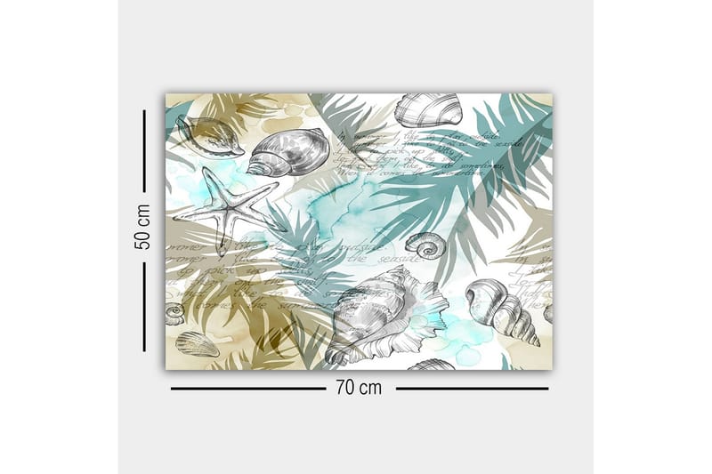 Lærredsbillede - Havmotiv med skaller og palmeblade - Blå / Beige / Grøn - Boligtilbehør - Billeder & kunst - Billeder på lærred