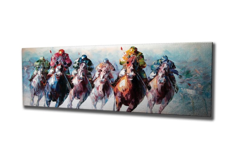 Lærredsbillede - Heste i fuld galop med jockeyer i farverigt tøj, Rød / Grøn / Blå