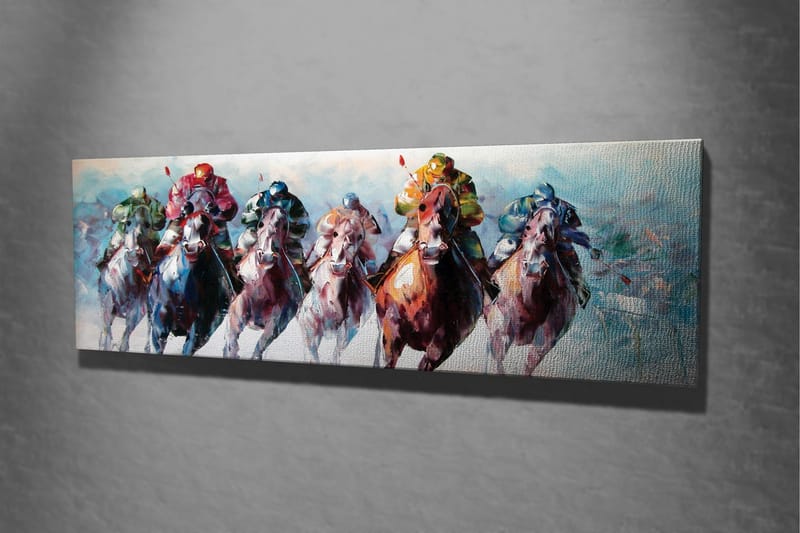 Lærredsbillede - Heste i fuld galop med jockeyer i farverigt tøj - Rød / Grøn / Blå - Boligtilbehør - Billeder & kunst - Billeder på lærred