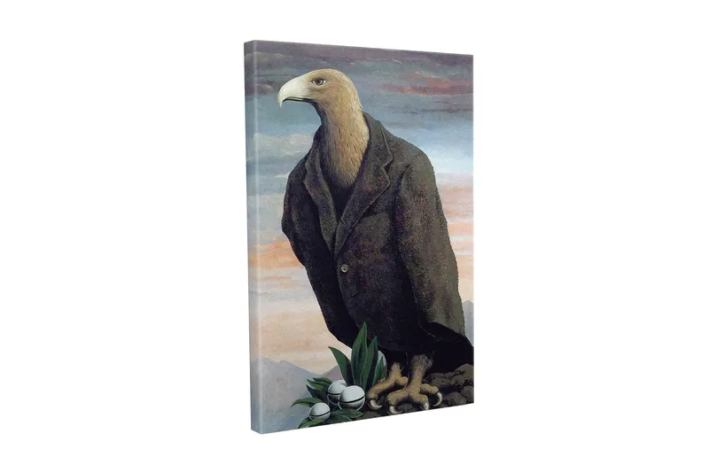 Lærredsbillede - Humaniseret ørn i jakkesæt stående på en klippe, Mørkebrun / Grøn / Lyseblå