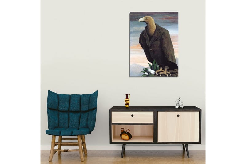 Lærredsbillede - Humaniseret ørn i jakkesæt stående på en klippe - Mørkebrun / Grøn / Lyseblå - Boligtilbehør - Billeder & kunst - Billeder på lærred
