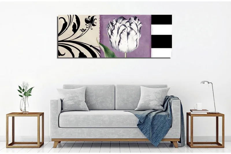 Lærredsbillede - Hvid tulipan mod lilla baggrund - Hvid / Lilla / Sort - Boligtilbehør - Billeder & kunst - Billeder på lærred